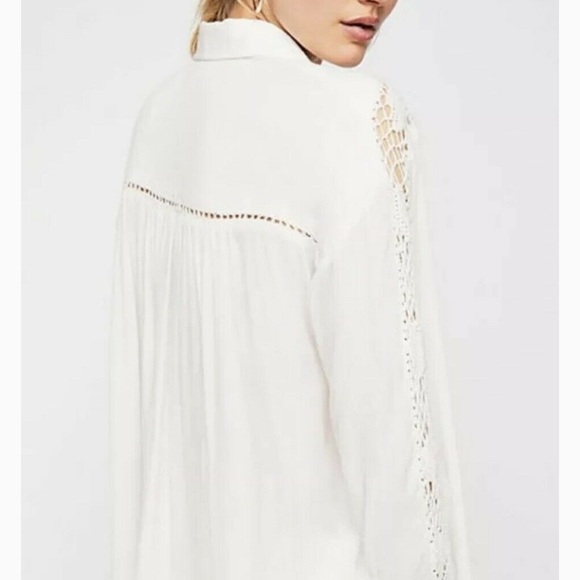 Free People Katie Bird White Medium Button Front Blouse Crochet Detail - Picture 4 of 12